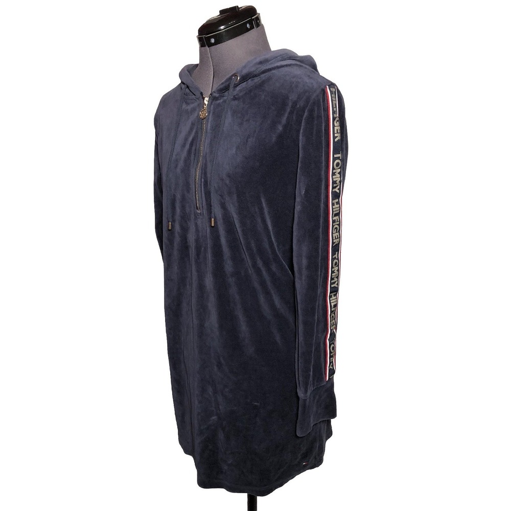 Tommy Hilfiger Velour Hoodie Dress‎ Navy Blue Zip Front Logo Sleeve B-43" M